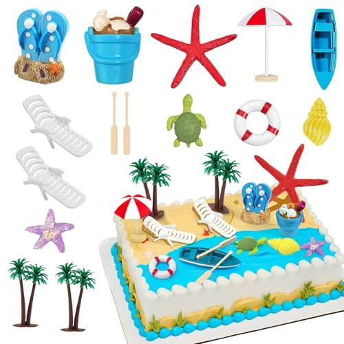 YushengTai 15 Stück Hawaiisch Strand Torten Dekoration, Sommer Strand Stuhl und Regenschirm Kuchen Topper, Grüne Palme Torten Topper, für Hawaiisch Thema Geburtstag, Hochzeit, Party Dekoration