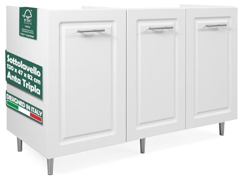 Shally Dogan Mobile Sottolavello Base per Cucina con Tre Ante Design Boiserie, Mobiletto Componibile con Struttura in Legno Robusta, Mobile Sotto Lavello, 120 x 50 x 85H cm (Bianco)