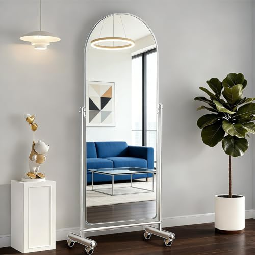 Topnewhome Ganzkörperspiegel 56x166 cm mit Rädern, verstellbar, Edelstahl | Mobiler Ganzkörperspiegel mit Rollen,verstellbarem Winkel und Edelstahlhalterung.Gewölbtes Design für Schlafzimmer & Ankleide