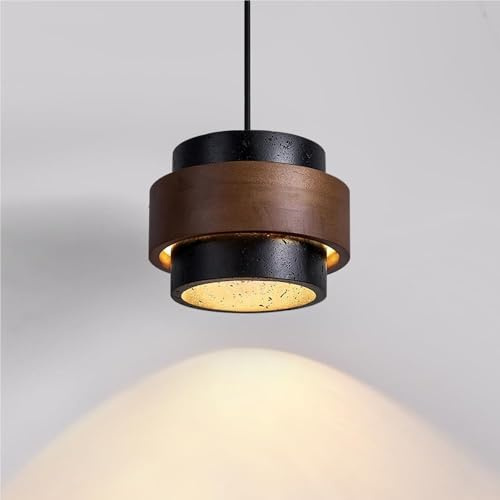 Black Cylindrical Natural Stone Pendant Light Rustic Wood Ring Hanging Light Fixture Modern Minimalist Hanging Lamp Gx53 Base for Farmhouse Kitchen Island Bedroom Hallway