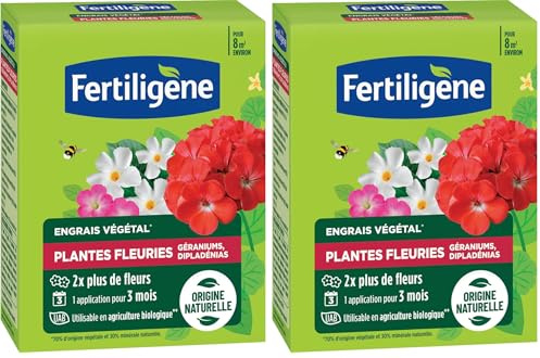 FERTILIGENE FEGFLE650 - Engrais Végétal Plantes Fleuries, Géraniums, Dipladénias 650 g - 2 fois plus de fleurs -Seulement 1 application en 3 mois - Jusqu'à 8 m² - Produit 100% naturel avec zéolite