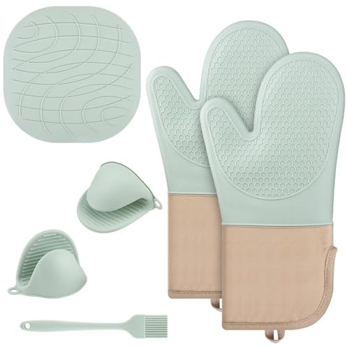 Rurbeder 6er Set Ofenhandschuh Silikon Ofenhandschuhe mit Silikonunterlage & Pinsel,Topfhandschuhe rutschfest und Hitzebeständig, Geeignet für Kochen, Backen Grillen,(Minzgrün) ofenhandschuhe silikon