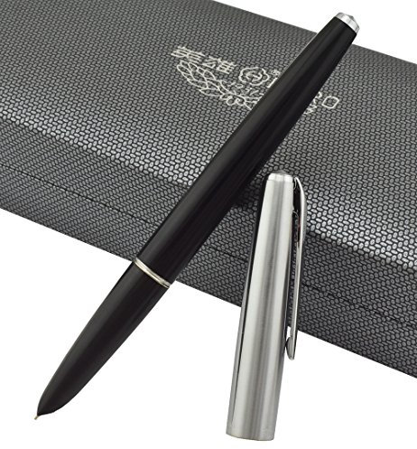 Hero 100 Fountain Pen 14K Fine Nib, Steel Hooded, Black Barrel Silver Cap, Luxury Gift Case Pen Set for Business Signature and Collection