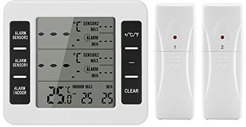 Kabellos Kühlschrank Thermometer Digital LCD Drinnen draußen Temperaturüberwachungsuhr mit Dual Drahtloser Sensor Alarm Erinnerung Funktion Min/Max Record für Zuhause Restaurants