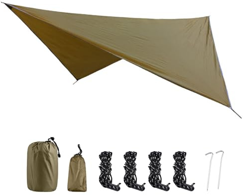 TRIWONDER Wasserdichter Zeltplane, Tarp für Hängematte, Zeltunterlage Regenschutz Sonnenschutz für Ourdoor Camping (Braun + Zubehör)