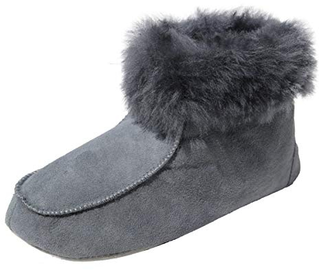 Herren & Damen Lammfell Hausschuhe Ibiza Grau Fellschuhe 100% Merino Schaffell Echtleder Bettschuhe