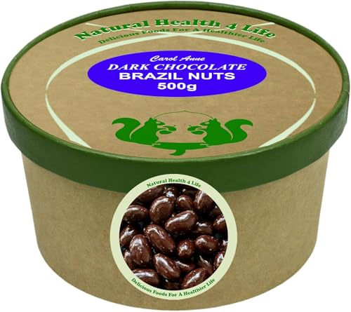Natural Health 4 Life Carol Anne Confectionery Dark Chocolate Brazil Nuts 500g, Recyclable Kraft Tub and Sealed with Kraft Paper to Retain Freshness, Gluten-Free, 7.6g Protein/100g (1 Tub)