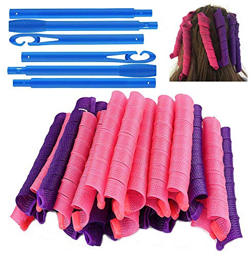 40 Pièces Bigoudis Boucles en Spirale, Bricolage Nuit Sans Chaleur Avec Crochets de Coiffage, Rouleaux Outils de Coiffure pour Femmes (Violet et Rouge, 55 cm)