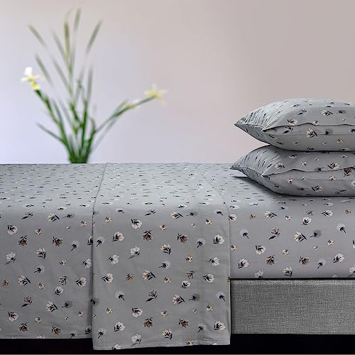 Tribeca Living Ultra-Soft Flannel Sheets King - 170-GSM Cotton, 4 Piece Deep Pocket Bed Sheet Set in Floryn Light Grey Print