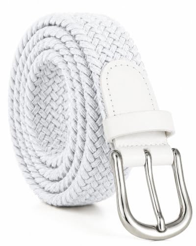 Streeze 30 mm Stretchgürtel geflochtener, elastischer Gürtel mit Silbermetallschnalle, 6 Größen: Small - 3XL (Weiß, 3XL)