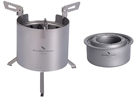 iBasingo Titanium Wood & Alcohol Camping Stove - Portable Double-Wall Burner with Removable Pot Stand & Folding Legs - Lightweight Solo Travel Stove for Backpacking, Hiking & Outdoor Cooking