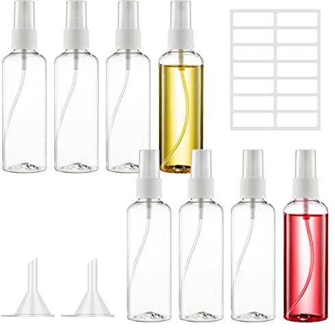 Spray Bottles, 8 Pcs 100ml Clear Empty Fine Mist Plastic Travel Bottle Set, Portable Refillable Liquid Containers with 2pcs Funnels and Labels for Cosmetic, Perfume, Moisturizer, Essential Oil