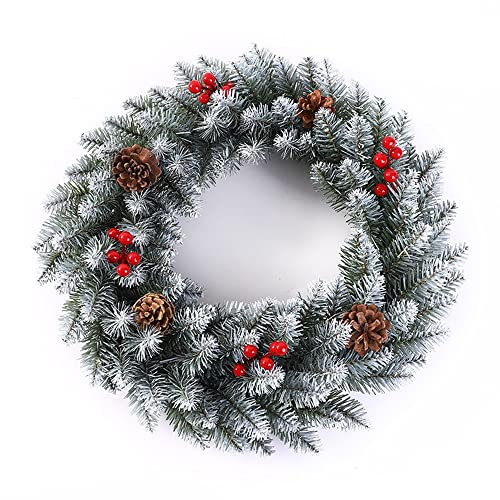 Weihnachtskranz Türkranz Künstlich Kranz Haustür Deko Tannenkranz Hängende Kränze mit Kunstschnee Kiefernzapfen Beeren Dekoration für Tür Tisch Fenster Wand Treppe Ornament (40cm)