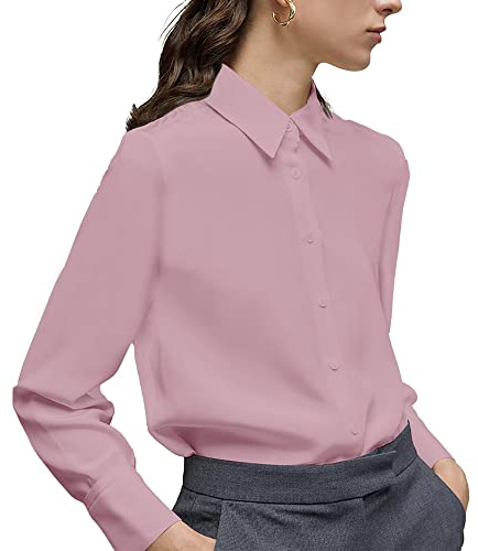 YAMANMAN Women's Button Down Shirt Classic Long Sleeve Collared Tops Work Office Chiffon Blouse