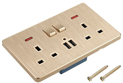 sourcing map Dual UK Socket Switched Multi Power Outlet Dual USB Gold Tone PC Panel 250V 13A 146mm x 88mm