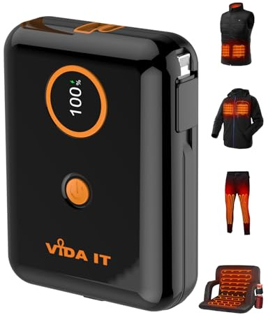 Vida IT 10000mAh Compact Batterie Externe pour Veste Gilet Doudoune Manteau Chauffant USB Batterie Légère Power Bank pour iPhone Samsung Xiaomi Oppo Portable Longue Durée USB-C Câble Intégré Rapide