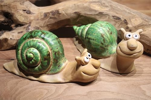 2 große Schnecken aus Keramik im Set mit grünem Häuschen, L 19 cm, H 8 cm