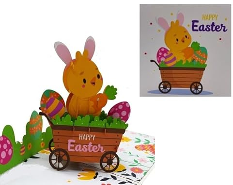 3D-Oster-Pop-Up-Karte, Osterhuhn auf einem Wagen, Frühlingskarte, niedlich, lustig, religiöse Pop-Up-Karte, Frohe Osterkarte für Kinder, Sohn, Tochter, Junge, Mädchen, Enkel, O22
