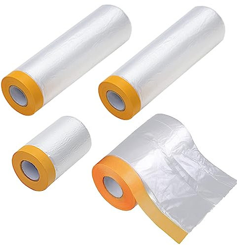HRJZF 3 Pack Tape and Drape, Pre-Taped Masking Film for Automotive Painting and Decorating, Self-Adhesive Painting Drop Film, Plastic Dust Sheets for Cars (20M/Pack, 3 Sizes)