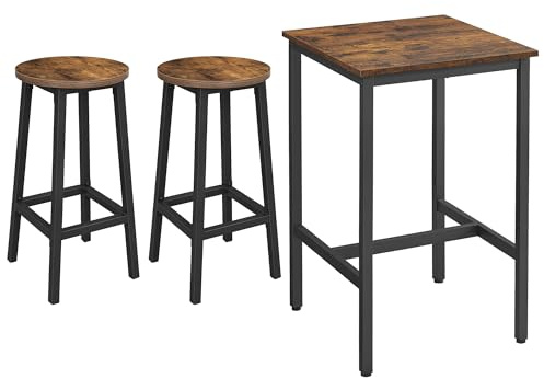 VASAGLE Ensemble Table Haute avec 2 Tabourets de Bar, Table de Bar Carrée, Table de Cuisine, Chaises de Bar, Chaise de Cuisine, Cadre en Métal, Montage Facile, Marron Rustique et Noir LBT030B01