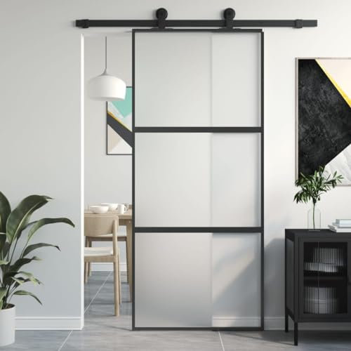 Gecheer Porta,Scorrevole,Kit Montaggio,in Vetro ESG e Alluminio,Nero e Opaco,con 2 Barre Orizzontali,90x205 cm,Set Porte Sorrevoli,Porta Scorrevole in Vetro e Alluminio