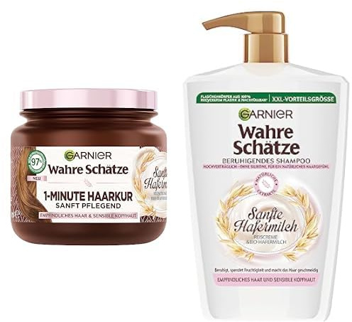 Garnier Wahre Schätze Beruhigendes Shampoo Sanfte Hafermilch, XXL Formal 1L & hätze Feuchtigkeitsspendende 1-Minute Haarkur für sensible Kopfhaut