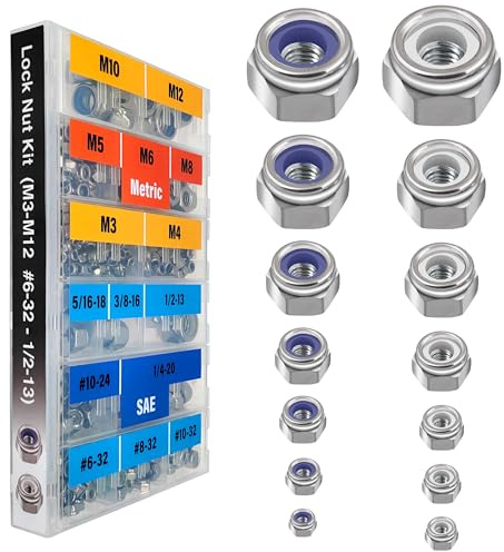EEEEE Lock Nuts Assortment 444 pcs Stainless Steel 304 Metric locknut M3 M4 M5 M6 M8 M10 M12#6#8#10 1/4 5/16 3/8 1/2 Nylon Insert Hardware nut Lock Metric nylock nut Secure nut Steel