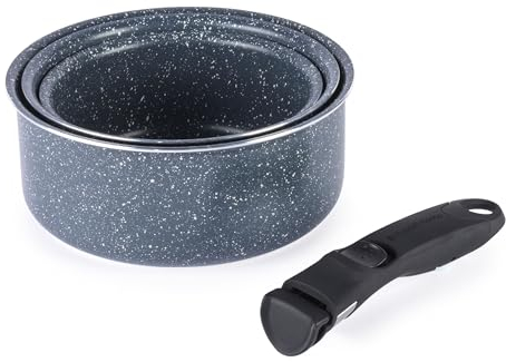Russell Hobbs Nightfall Stone 3pc Saucepan Set – Smart Clip Non-Stick Pans, 16cm, 18cm, 20cm, Stay Cool Detachable Handle, Oven to Hob to Table Cooking, Space Saving Stackable Cookware