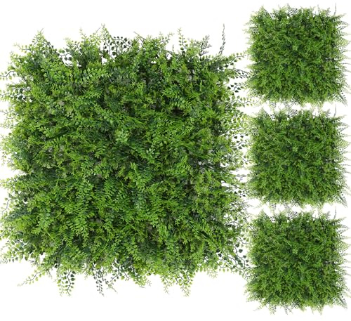 LUWENER 4 pannelli da parete per piante artificiali, 100 x 100 cm, felci, arbusti, erba, siepe, parete, privacy, verde, recinto vivente, sfondo erboso, per interni ed esterni, decorazione per casa e