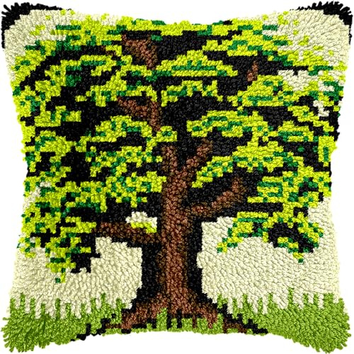 WallustrioaW Kissen Knüpfen Kit,ein großer grüner Baum,Knüpfkissen Set Für Anfänger Erwachsene Oder Kinder Zum Selber Knüpfen,DIY Knüpfteppich Knüpfpackung,43x43cm