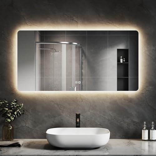 SVNR Badezimmerspiegel - 120 x 60cm LED-Kosmetikspiegel mit 4mm Kupferfreiem Glas, Aluminiumrahmen, Dual-Touch-Steuerung, 3000K-6400K, LED-Smart-Spiegel