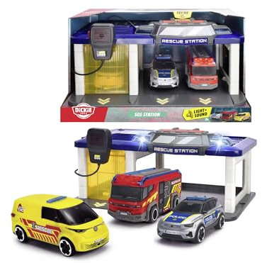 Dickie Toys - S.O.S Station für Kinder ab 3 Jahre (31x22 cm) mit 3 Spielzeug-Autos (Polizeiauto, Krankenwagen, Feuerwehrauto), Feuerwehr- & Polizeistation mit Licht & Sound, inkl. Batterienrien