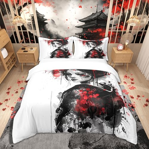 Loussiesd Kinder Japan Kunst Geisha Baumwolle Bettwäsche Set 135x200cm Jungen Mädchen Kirschblüten Betten Set Japanischer Stil Bettbezug Set Japanische Tradition Ästhetisch Bettdeckenbezug