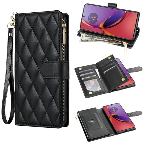 Asuwish Funda para Motorola Moto G84 5G Funda con Banda Tarjetero Plegable Cuero Monedero Soporte G 84 84G XT2347-2 Cremallera Fundas para Teléfono Móvil Wallet Fundas Protectora Phone Case Negro