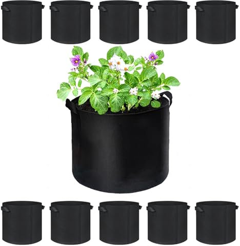Sonew Sac à Plantes, 10 x 19L Respirant Sac Pomme de Terre Plantation en Non-tissé, Pliables Sacs à Plantes de Tomate avec Poignées - Pot Geotextile, Fleurs, Fruits