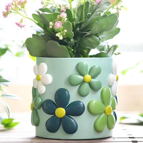 AmiCera färgglada blommor blomkruka, söta unika ytterkrukor för inomhusväxter, vintage retro eklektiska planteringskrukor med dränering, boho modern ytterkruka hem dekoration funky Garden gåva, grön