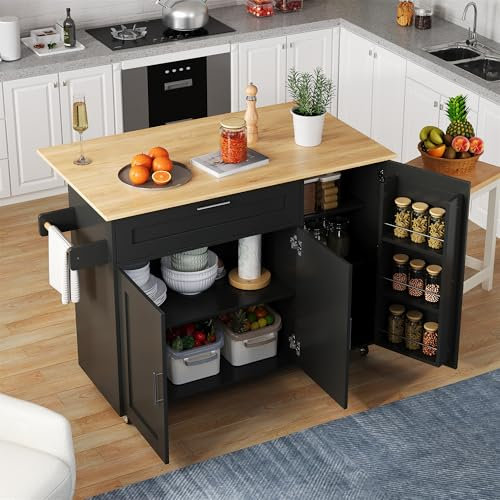 L132.5*B44(70)*H90cm - Tavolo da cucina mobile, piano di lavoro, pieghevole, in legno di quercia, multifunzionale, portaspezie, portasciugamani, 5 rotoli, adatto per cucina/mangiare/casa (nero)