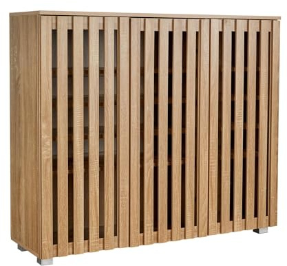 Home Source 3 Door Wooden Shoe Storage Cabinet Rack Stand, Slatted Cupboard, Oak Effect