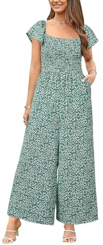 VOTEPRETTY Jumpsuits for Women UK Short Sleeve Square Neck Smocked Wide Leg Long Playsuit One Piece with Pockets Green White Flower,L