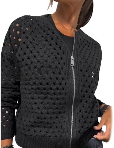 Whimsyard Giacca da donna lavorata a maglia con cerniera e ritagli, cardigan da donna con cerniera all'uncinetto, top in maglia traforata, top lavorato a maglia all'uncinetto, Nero , L