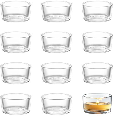 12 Pcs Glass Tea Light Candle Holders, Elegant Clear Glass Tealight Holders for Votive Candles Candlesticks Weddings Birthdays Anniversary Celebrations Engagement Decorations(1.77 x 1)