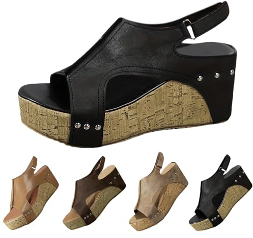 Clearance UK 6 Women’s Cork Platform Wedges Sandals Open Toe Buckle Slingback Espadrilles Slip-on High Heels,Wedge Heel Peep Toe Slingback Women's Sandals 02_Black