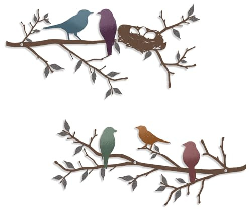 lyyochinn 2pcs Metal Birds Wall Art,Birds on Branch Wall Decor, Bird Silhouette Metal Wall sculpture for Outdoor Garden Fence Porches Decoration housewarming Gift or Mother's Day Present(Colorful)