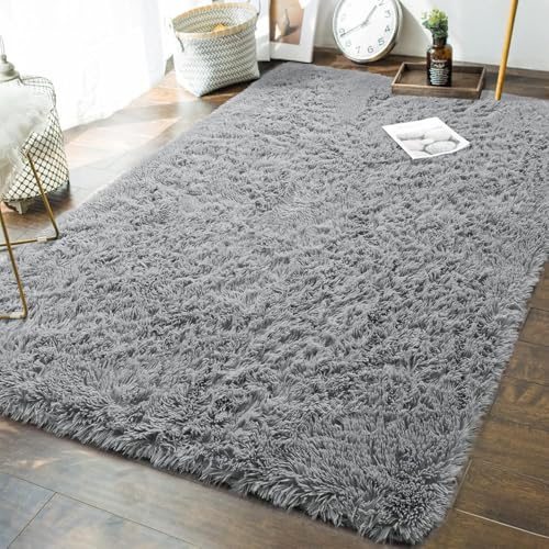 CHENMIAO Teppich Wohnzimmer 80 x 80 cm Anti Rutsch Extra Große Flauschig Bettvorleger Plüschteppich Anti-Rutsch-Rückseite für Schlafzimmer Schlafzimmer, Hellgrau