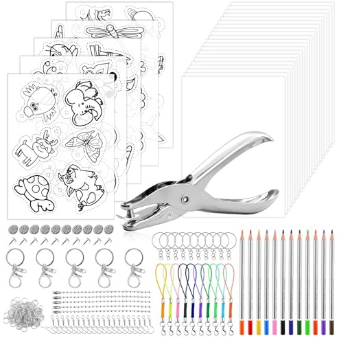 Schrumpffolie Set, 208 Stück Schrumpffolie Set für Kinder Inklusiv Schrumpffolienplatten Shrink Plastic Schlüsselanhänger Schließe Buntstifte Locher Ohrhaken und Broschen für Kinder DIY Handwerk