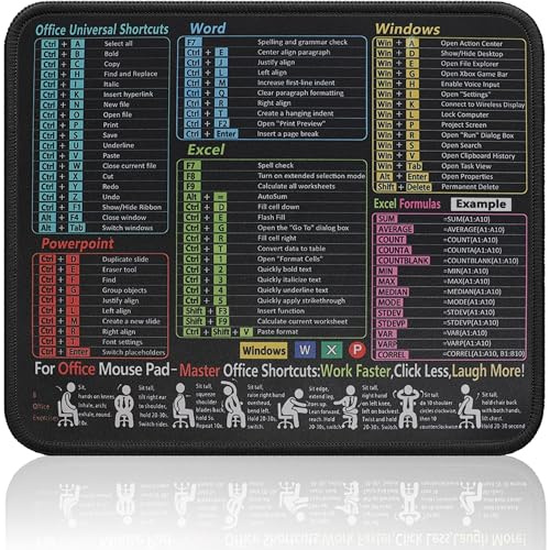 Office Shortcuts Mouse Mat, 30 x 25cm, Portable Excel Cheat Sheet Mouse Pad | Waterproof & Non-Slip, Computer Mat for Desk, Gaming