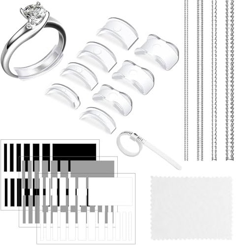 17Pcs Ring Size Adjuster Set for Loose Rings, Ring Tightener, Invisible Rings Resizer with 4 Styles, Includes 8 Silicone Guards, Adjustment Strip, Measuring Tool, and Polish Cloth