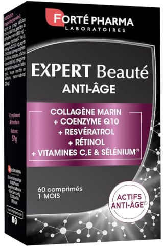 Forté Pharma - Expert Beauté Anti Age - Signes de l'âge - Complement alimentaire Collagene marin type I, CoQ10, Resveratrol, Retinol, Sélénium, Vitamine C - Antioxydant - 60 comprimés, 2/jour