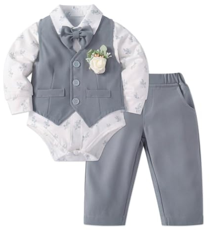 Lito Angels Neonato Completo Elegante 5 Pezzi, Grigio, 0-24 Mesi 62-92 | Set 5 Pezzi, Gilet, Body Camicia, Pantaloni, Papillon, Fiore, Battesimo, Matrimonio