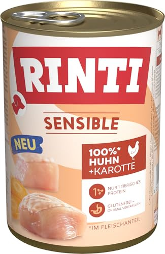RINTI – Sensible | Våtfoder för känsliga och vuxna hundar med naturliga köttbitar. Spannmålsfri helfoder i burk utan konstgjorda tillsatser | 12 x 400 g kyckling morot